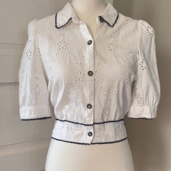 Zara white eyelet black trim puff short sleeve cropped crop top collared blouse - Picture 1 of 10
